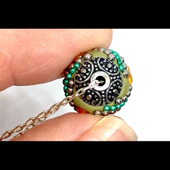 Gold Crystal Teal Silver Beaded Olive Green Boho Bali Bead 18" Chain Necklace - Picture 3 of 4